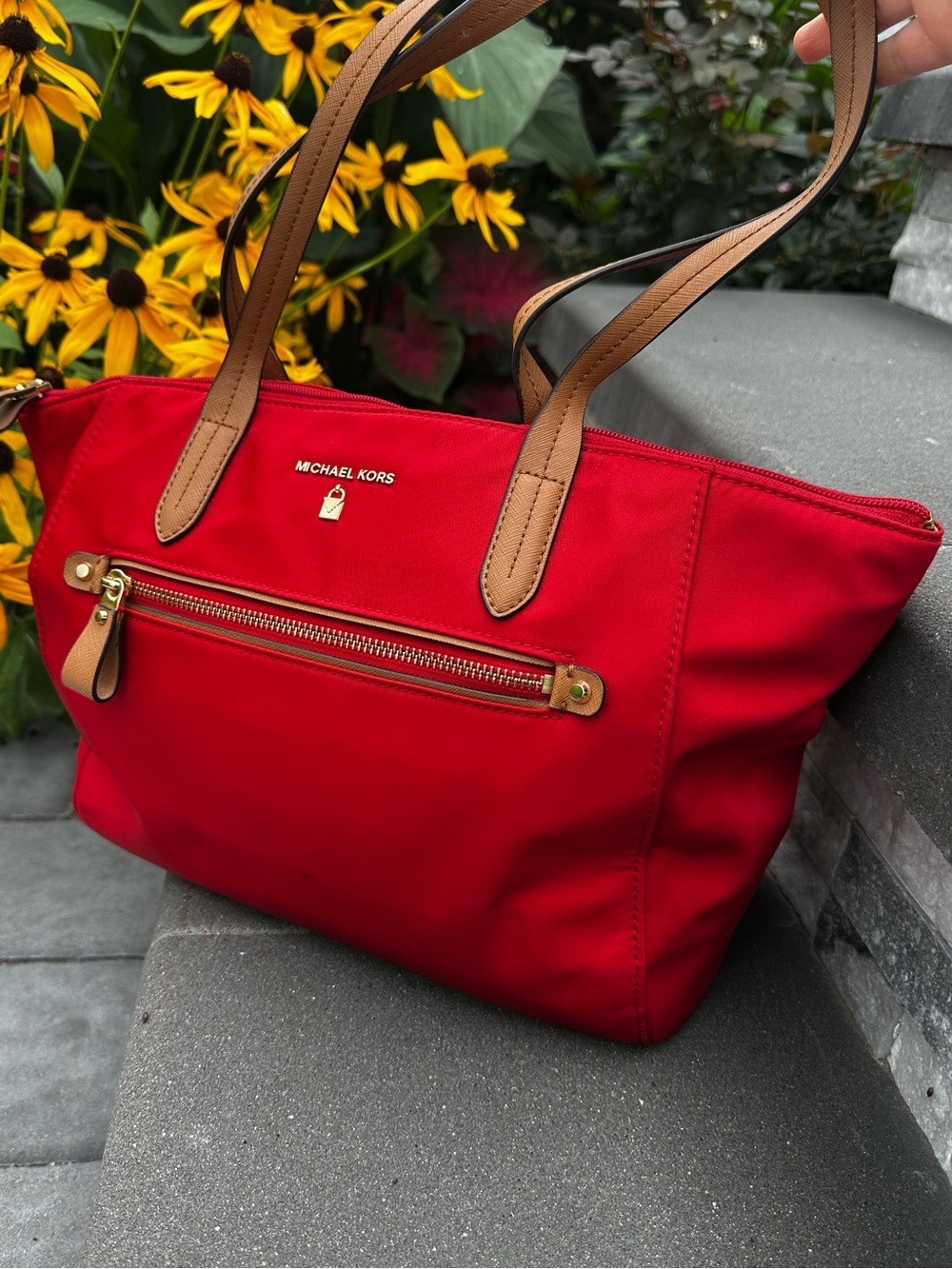 Michael Kors Red Tote with Tan Leather Handles